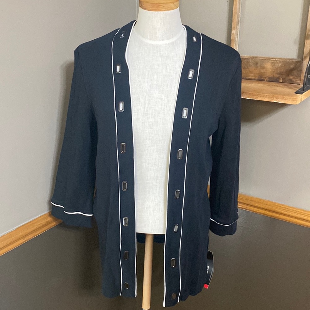 Rafaela black & cream three quarter sleeve open front long cardigan size small